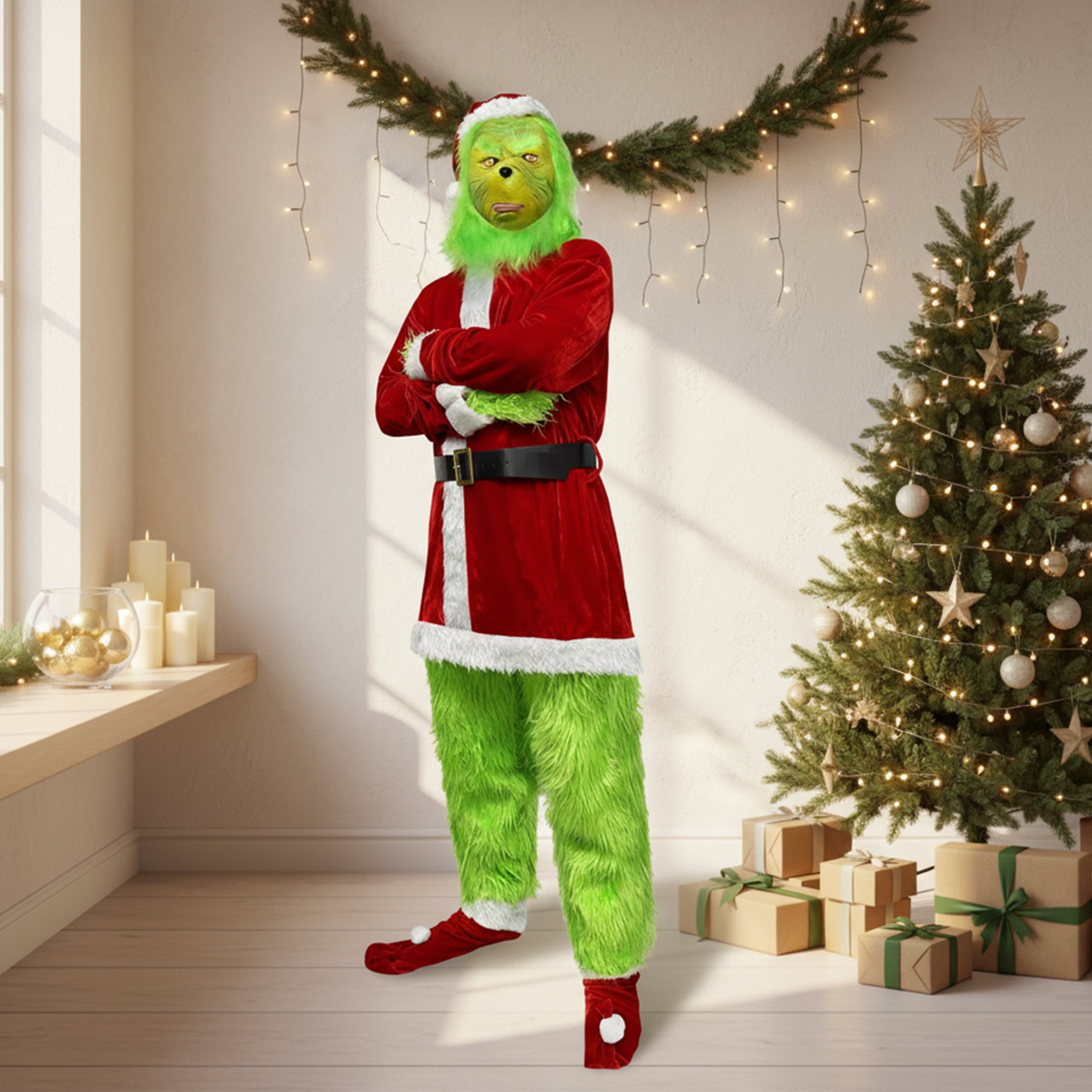 Green Hairy Santa Costume – Adult Christmas Cosplay Outfit