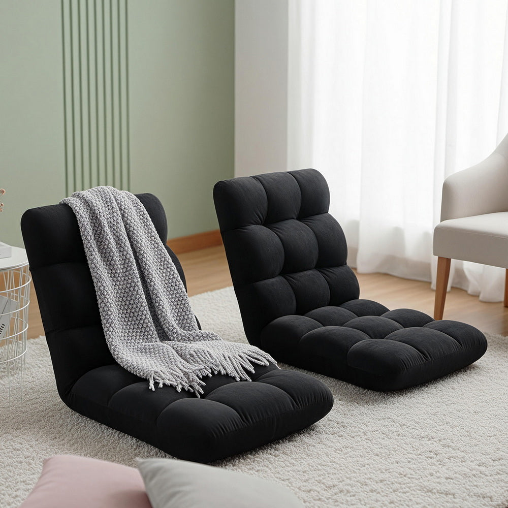 Artiss 2X Adjustable Lounge Sofa Chair – Flannel Fabric (Black)