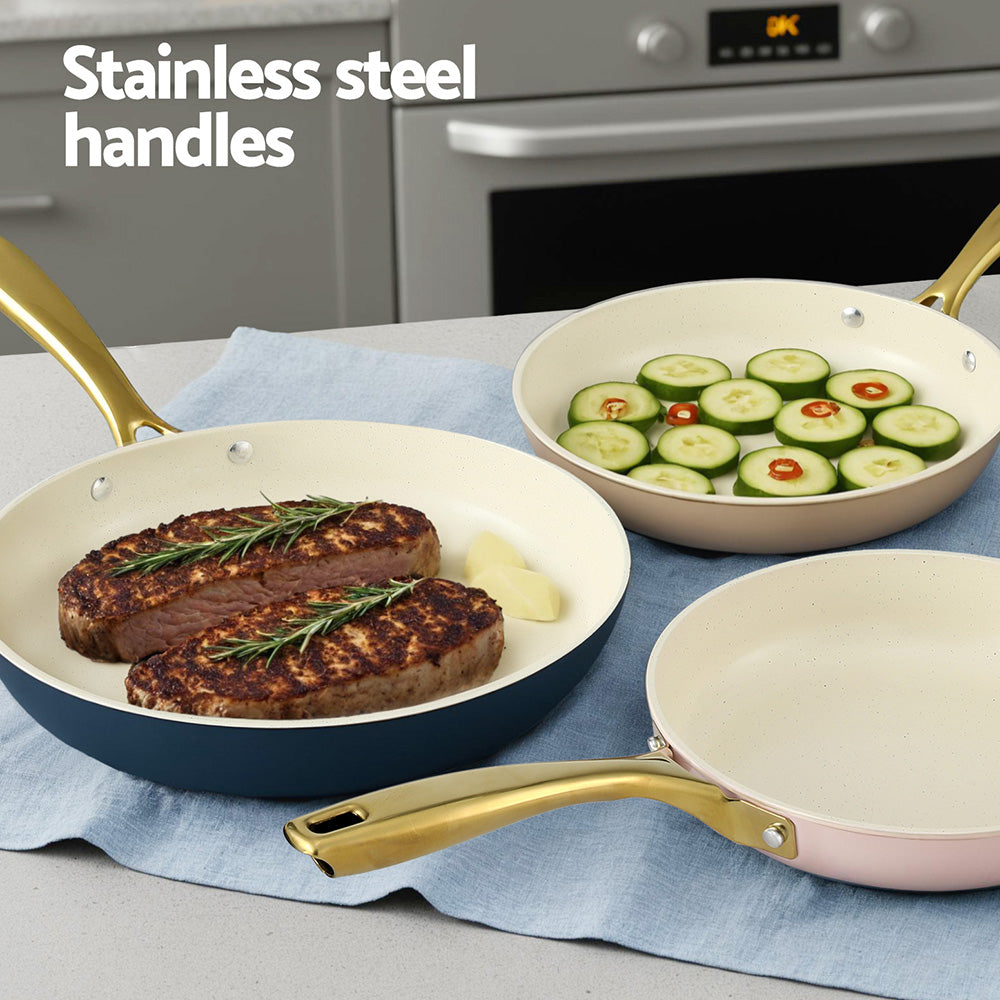 5-Star Chef 3-Piece Ceramic Frying Pan Set – Multi-Colour Cast Aluminium with Golden Handles