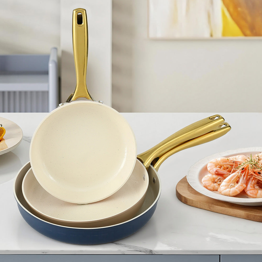 5-Star Chef 3-Piece Ceramic Frying Pan Set – Multi-Colour Cast Aluminium with Golden Handles