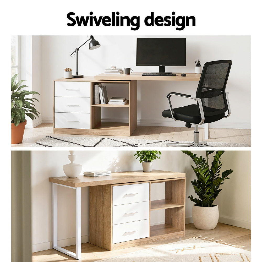 Artiss Swivelling L-Shaped Computer Desk – Home Office Desk with Storage Cabinet (Oak)