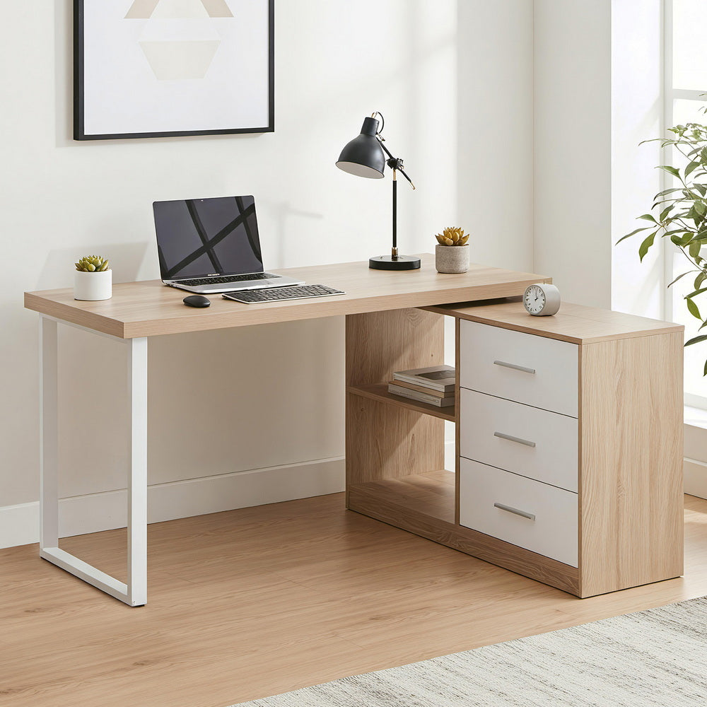 Artiss Swivelling L-Shaped Computer Desk – Home Office Desk with Storage Cabinet (Oak)