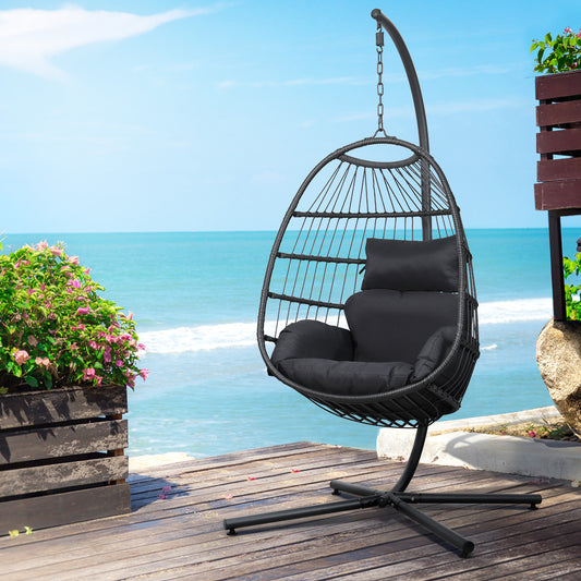 Gardeon Foldable Outdoor Egg Swing Chair with Wicker Pod & Rope Stand – Grey