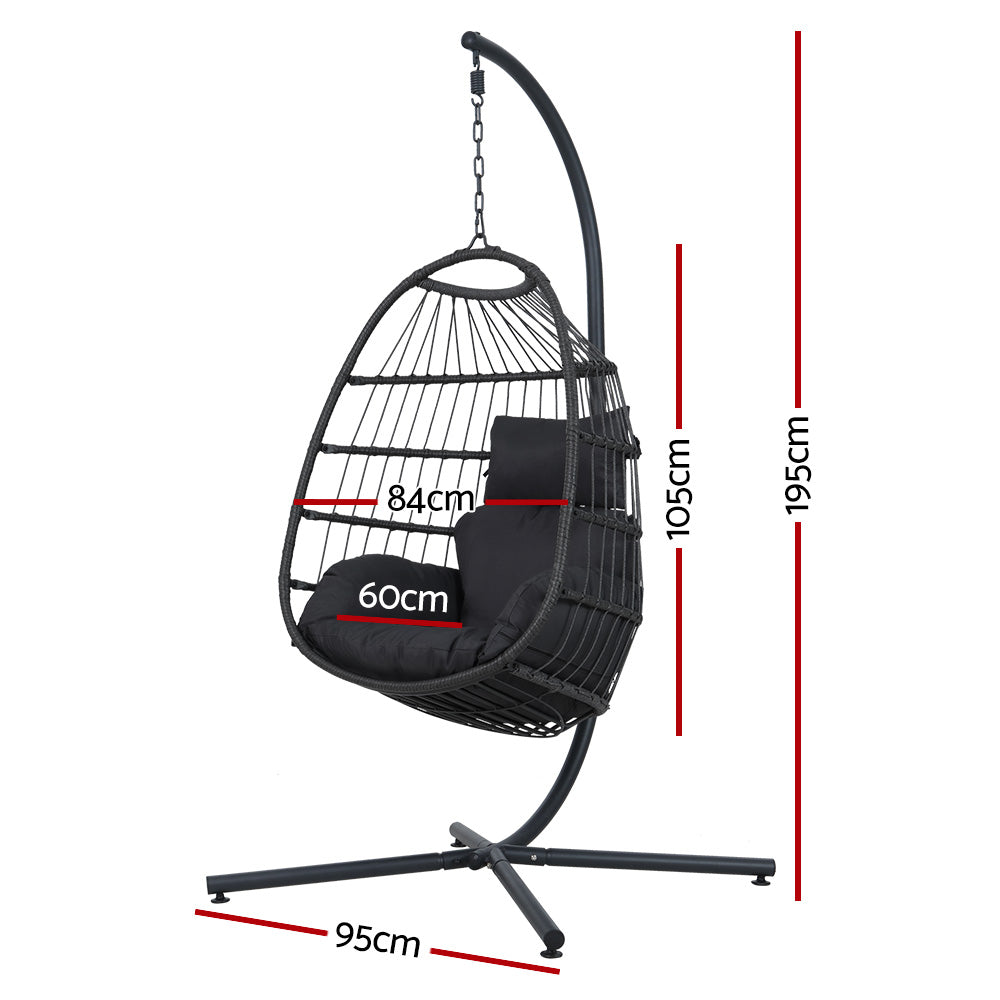 Gardeon Foldable Outdoor Egg Swing Chair with Wicker Pod & Rope Stand – Grey