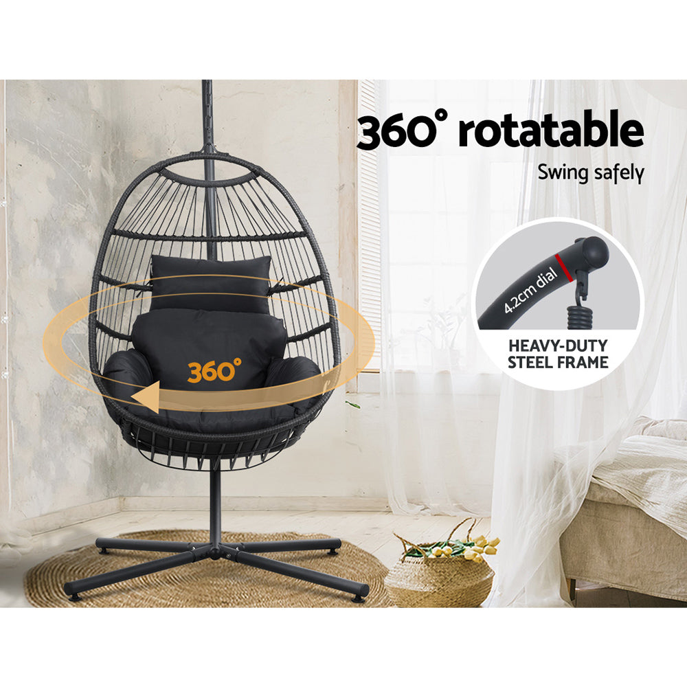 Gardeon Foldable Outdoor Egg Swing Chair with Wicker Pod & Rope Stand – Grey