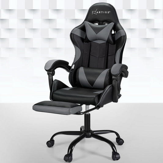 Artiss 2-Point Massage Gaming Office Chair with Footrest – Ergonomic Reclining PVC Leather (Grey)