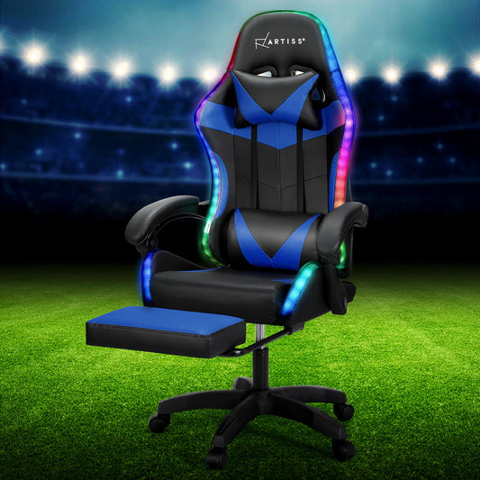 Artiss 6-Point Massage Gaming Office Chair with Footrest & 7-Color LED Lighting – PU Leather (Blue)