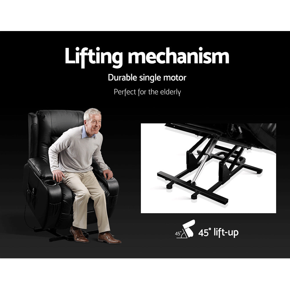 Artiss Heated Massage Recliner Chair – Lift Assist, 8-Point Massage & PU Leather Comfort (Black)