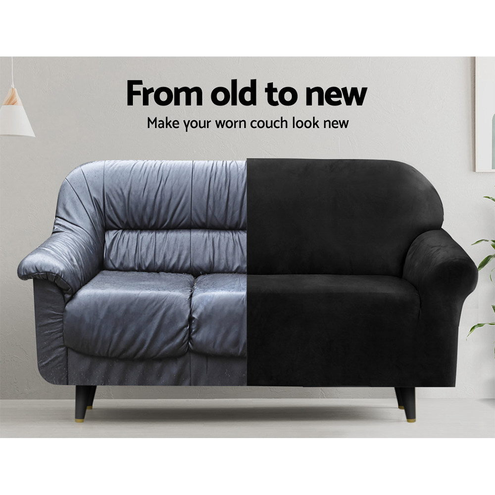 Artiss Velvet Sofa Cover – 3-Seater Stretch Couch Protector (Black)