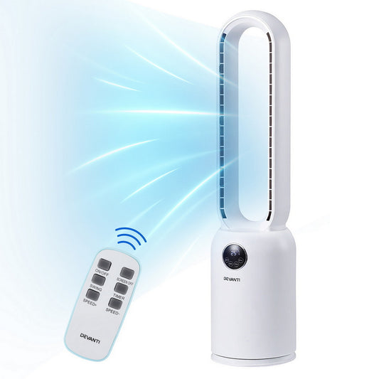 Devanti 2-in-1 Bladeless Tower Fan with Air Purification & Remote – 88cm (White)