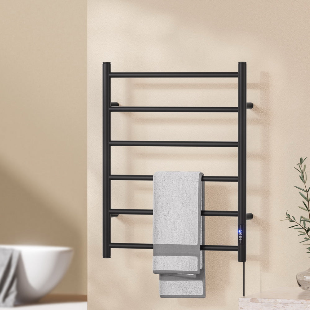 Devanti 6-Bar Heated Towel Rail with Timer – Wall-Mounted Electric Warmer Rack (Black)