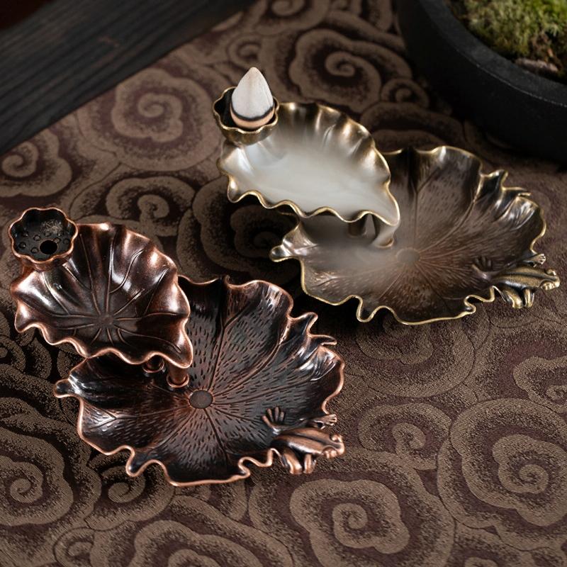 Bronze Lotus Leaf Inverted Incense Burner – Antique Copper Alloy