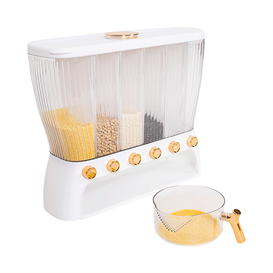 6-Grid Dry Food Dispenser Container – 26L Airtight Storage for Rice, Cereal, Grains & Beans