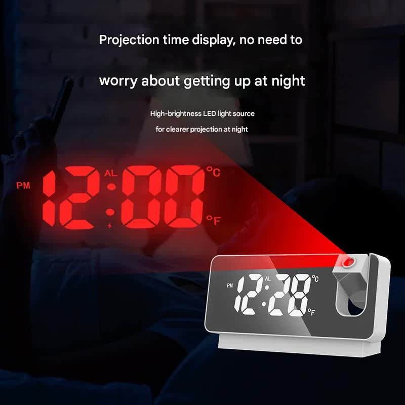 LED Digital Projection Alarm Clock with Temperature, Date, Snooze & 180° Adjustable Projector – Black with White Light