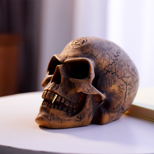 Mystic Runic Skull Statue with Gold Fang – Hand-Painted Resin Gothic Decor Figurine
