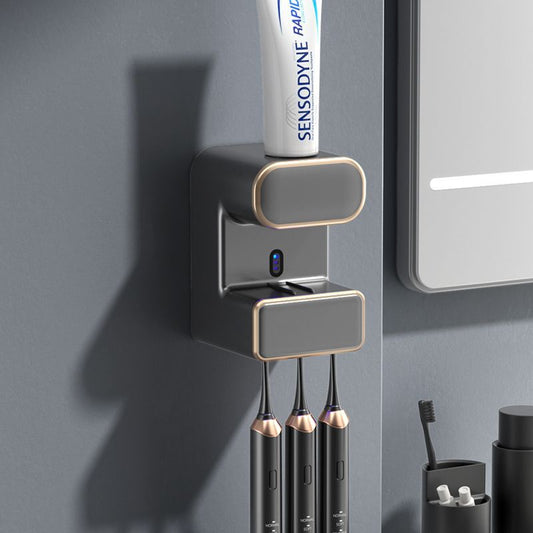 Automatic Toothpaste Dispenser with UVC Toothbrush Sterilizer & Holder – Wall Mounted, Rechargeable (Grey)