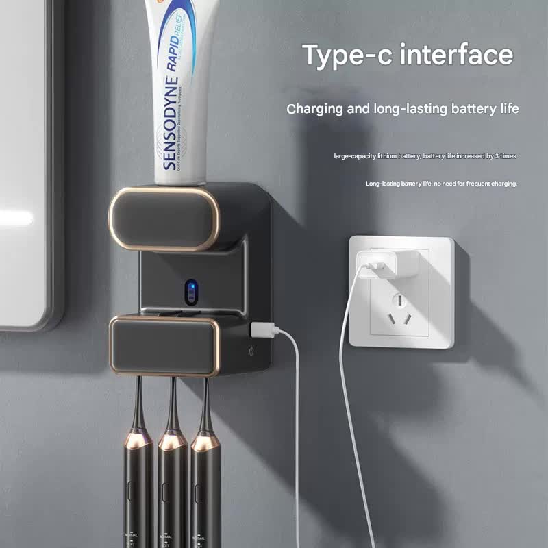 Automatic Toothpaste Dispenser with UVC Toothbrush Sterilizer & Holder – Wall Mounted, Rechargeable (Grey)