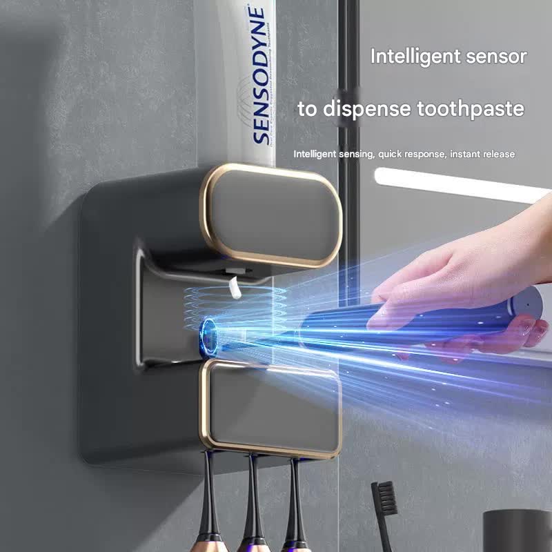Automatic Toothpaste Dispenser with UVC Toothbrush Sterilizer & Holder – Wall Mounted, Rechargeable (Grey)