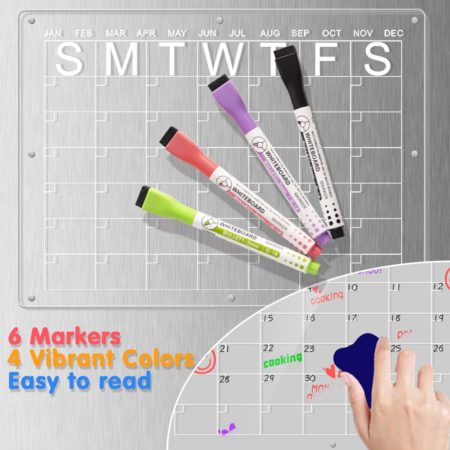 Magnetic Acrylic Magnetic Acrylic Fridge Calendar & Memo Board Set – Dry Erase Planner with Markers & Eraser (43x30cm)