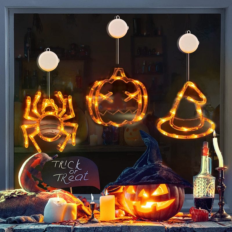 Halloween Window Hanging LED Lights Spider Pumpkin Hanging Ghost Horror Lights Home Decor