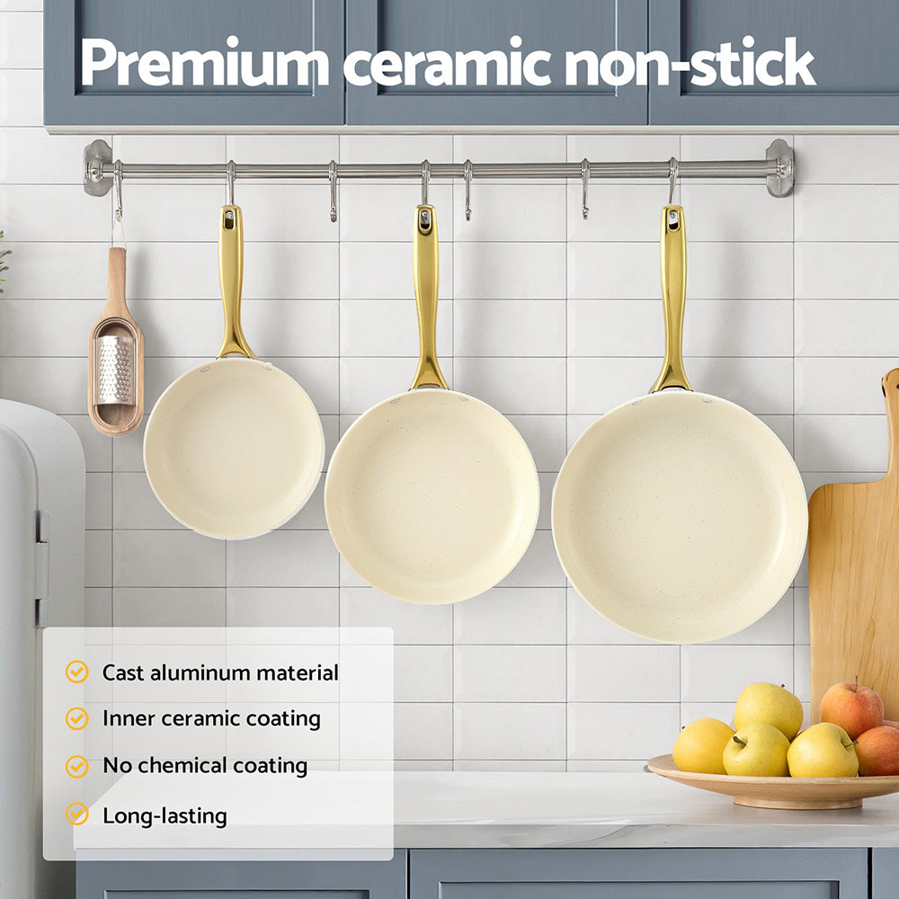5-Star Chef 3-Piece Ceramic Frying Pan Set – Multi-Colour Cast Aluminium with Golden Handles