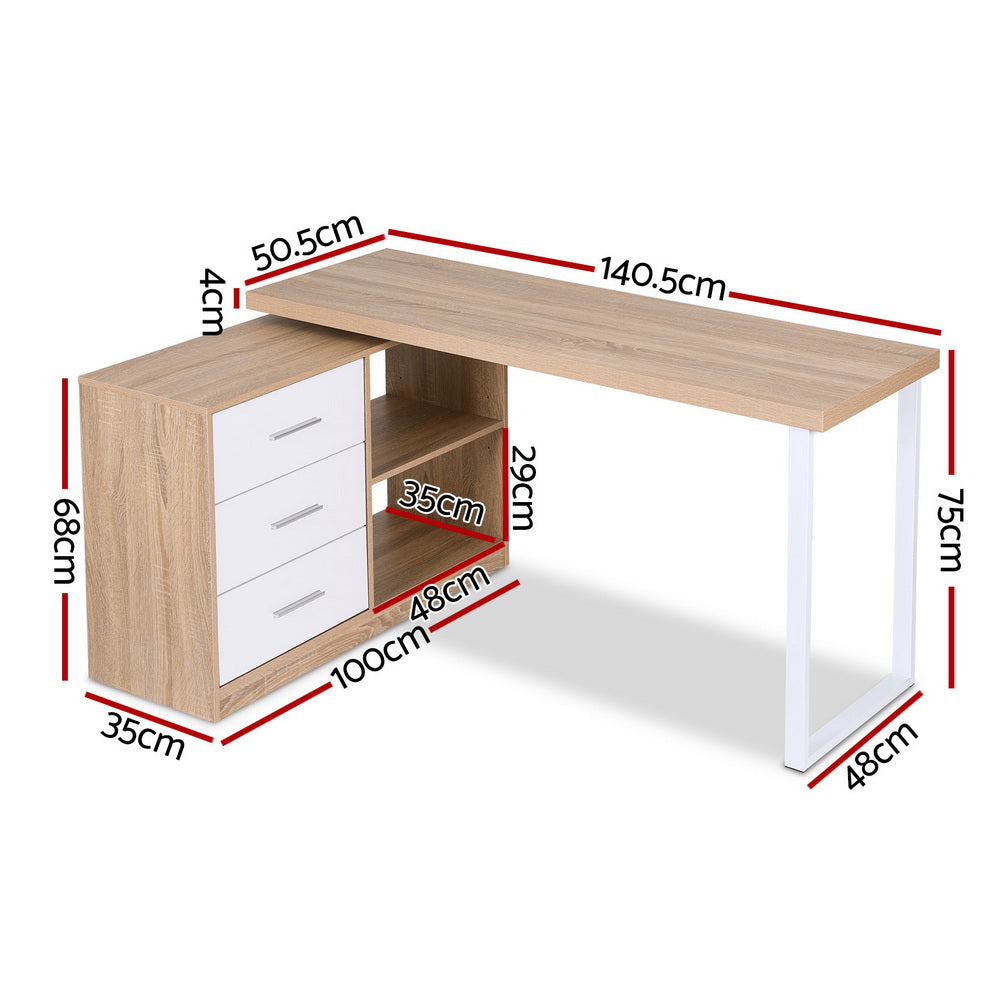 Artiss Swivelling L-Shaped Computer Desk – Home Office Desk with Storage Cabinet (Oak)