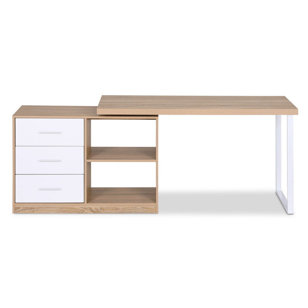 Artiss Swivelling L-Shaped Computer Desk – Home Office Desk with Storage Cabinet (Oak)