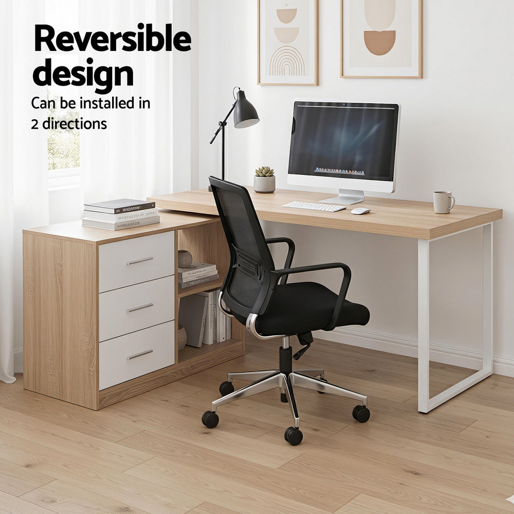 Artiss Swivelling L-Shaped Computer Desk – Home Office Desk with Storage Cabinet (Oak)
