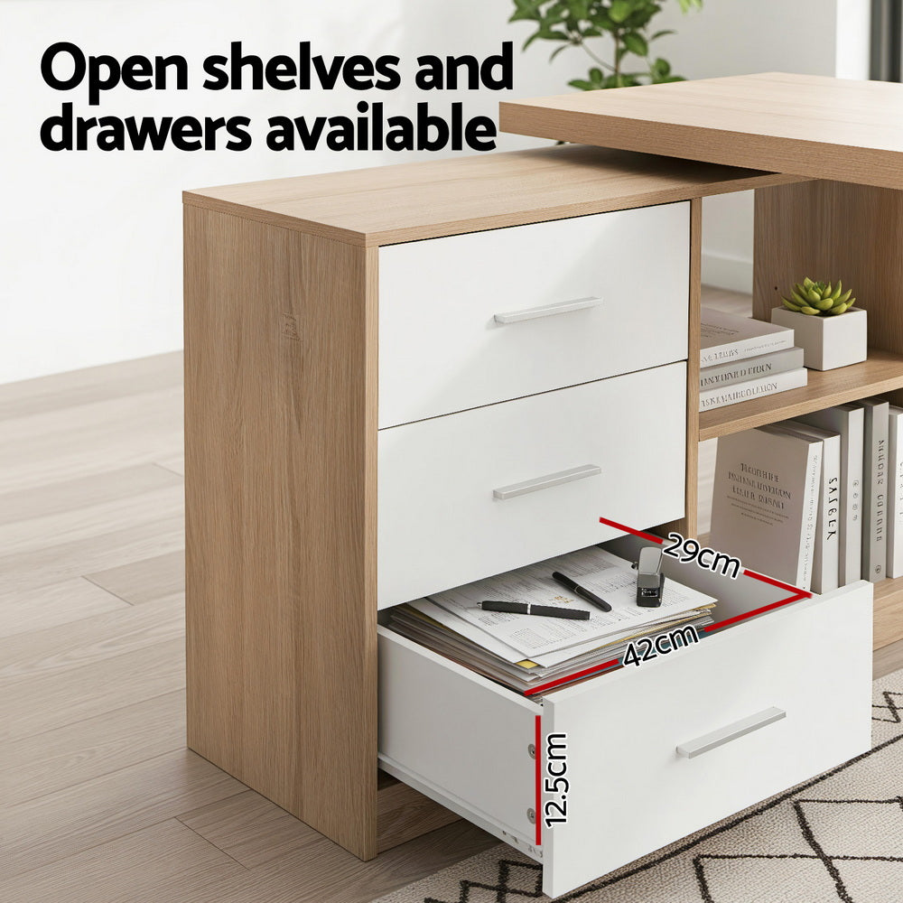 Artiss Swivelling L-Shaped Computer Desk – Home Office Desk with Storage Cabinet (Oak)