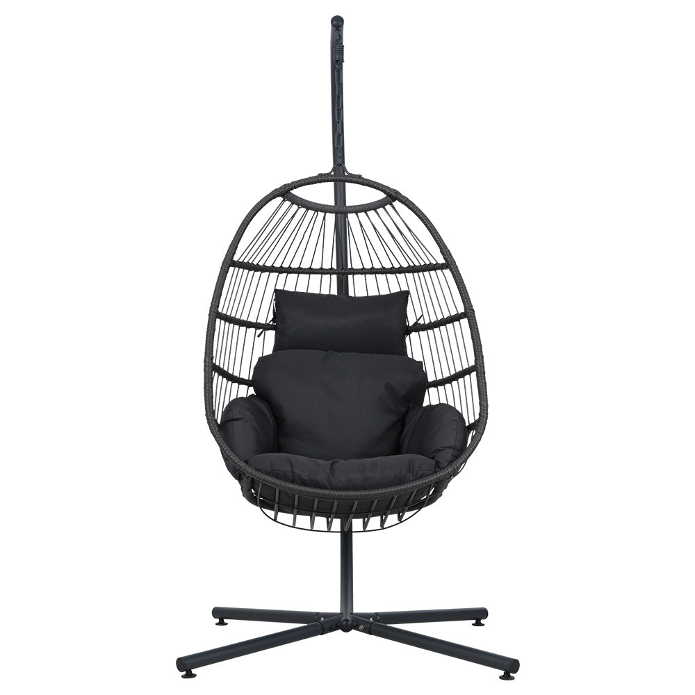Gardeon Foldable Outdoor Egg Swing Chair with Wicker Pod & Rope Stand – Grey