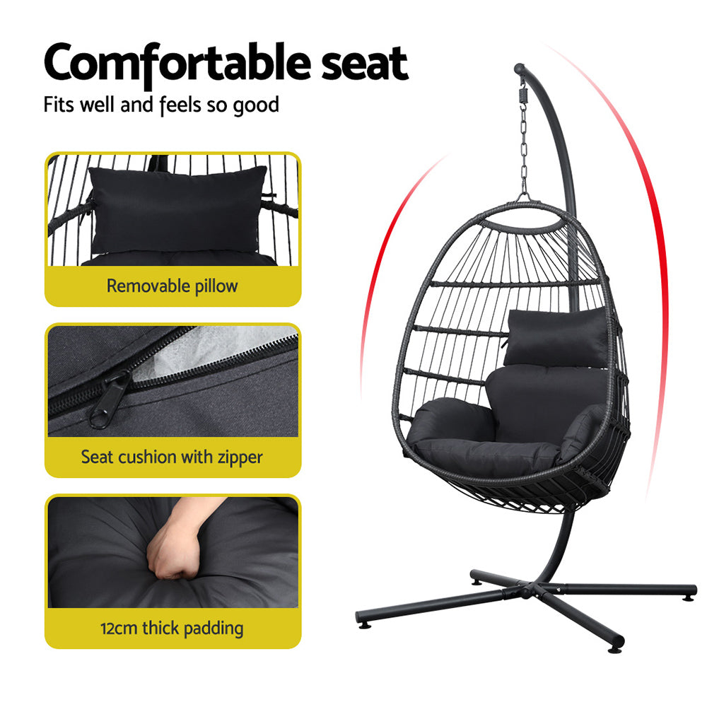 Gardeon Foldable Outdoor Egg Swing Chair with Wicker Pod & Rope Stand – Grey