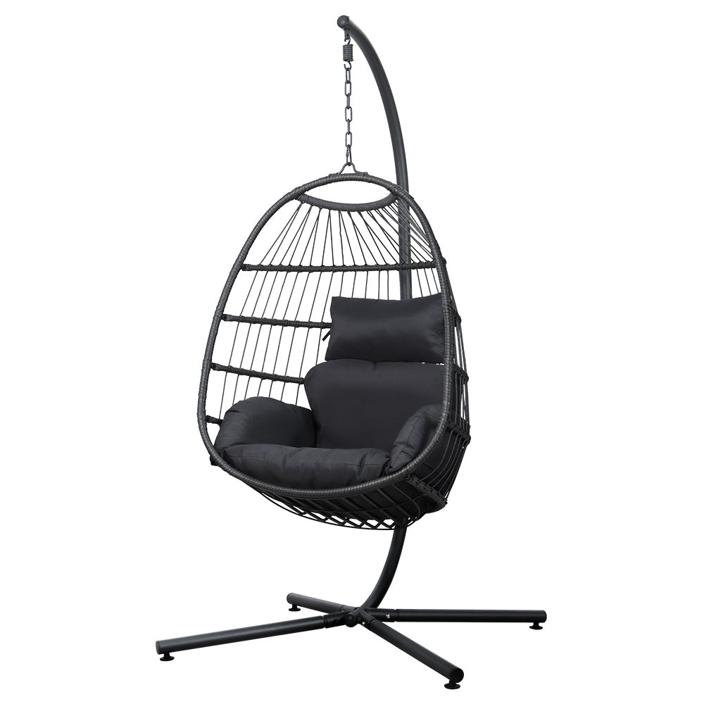 Gardeon Foldable Outdoor Egg Swing Chair with Wicker Pod & Rope Stand – Grey