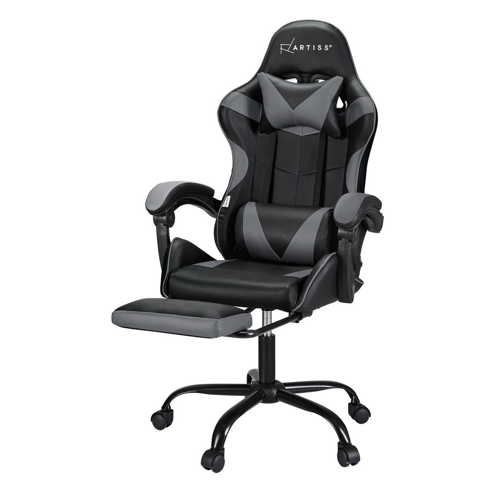 Artiss 2-Point Massage Gaming Office Chair with Footrest – Ergonomic Reclining PVC Leather (Grey)