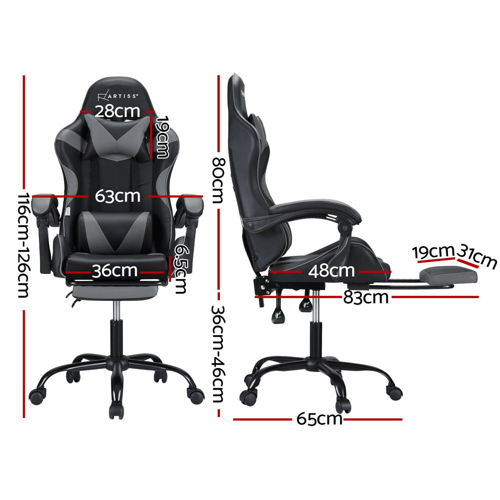 Artiss 2-Point Massage Gaming Office Chair with Footrest – Ergonomic Reclining PVC Leather (Grey)