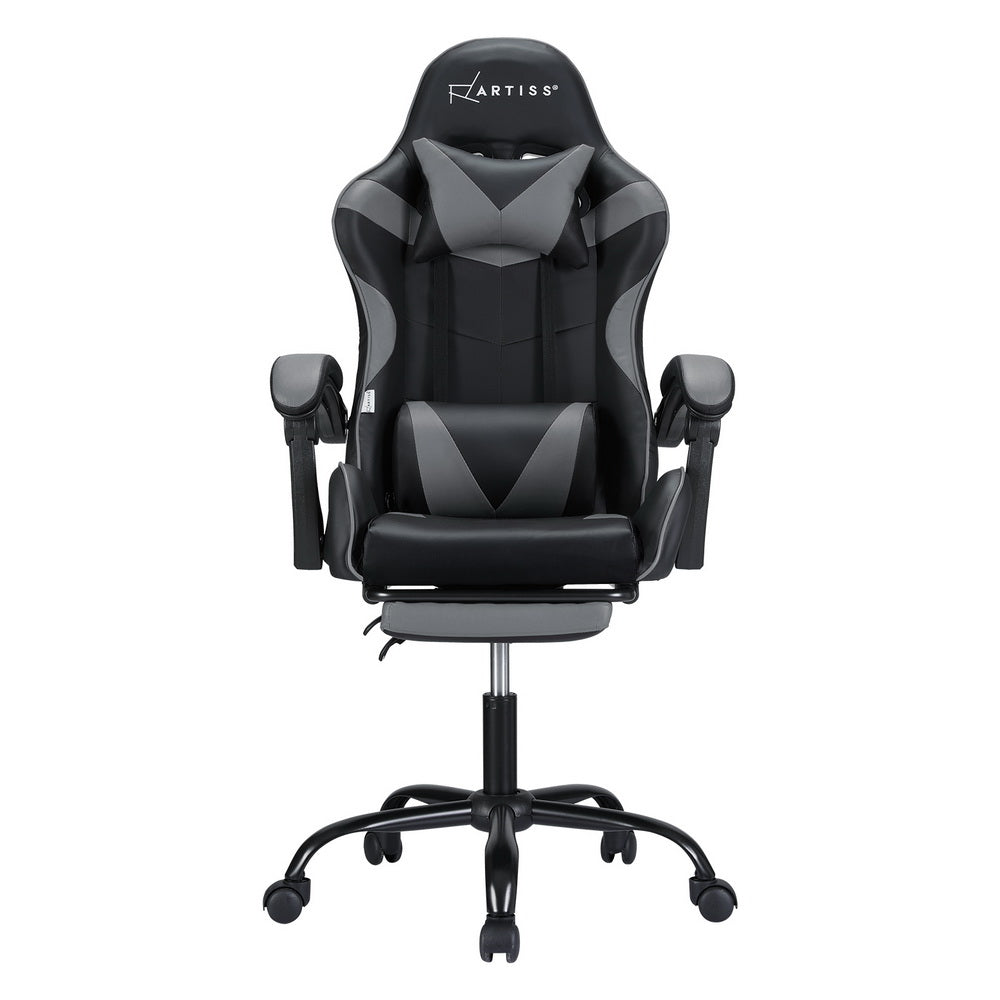 Artiss 2-Point Massage Gaming Office Chair with Footrest – Ergonomic Reclining PVC Leather (Grey)