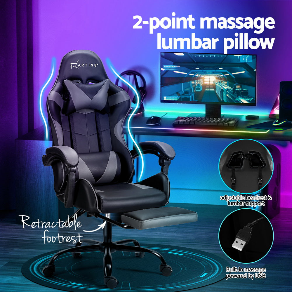 Artiss 2-Point Massage Gaming Office Chair with Footrest – Ergonomic Reclining PVC Leather (Grey)