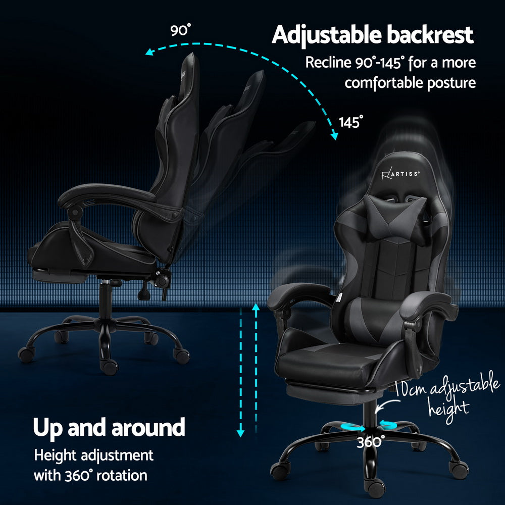 Artiss 2-Point Massage Gaming Office Chair with Footrest – Ergonomic Reclining PVC Leather (Grey)