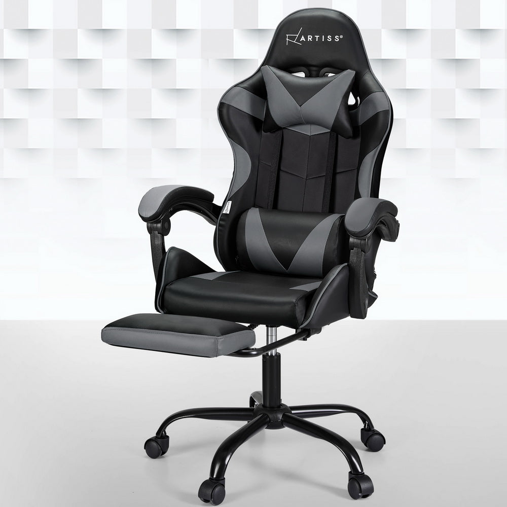 Artiss 2-Point Massage Gaming Office Chair with Footrest – Ergonomic Reclining PVC Leather (Grey)