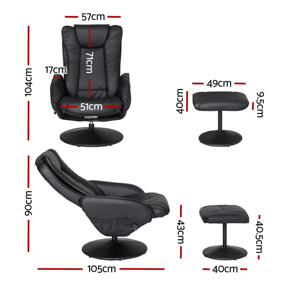 Artiss Heated Massage Recliner Chair with Ottoman – 5-Point Massage & PU Leather Comfort (Black)