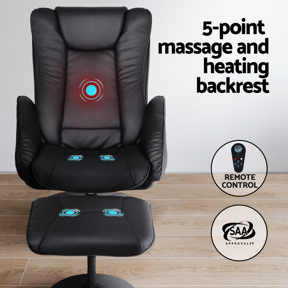 Artiss Heated Massage Recliner Chair with Ottoman – 5-Point Massage & PU Leather Comfort (Black)