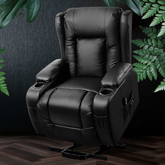 Artiss Heated Massage Recliner Chair – Lift Assist, 8-Point Massage & PU Leather Comfort (Black)