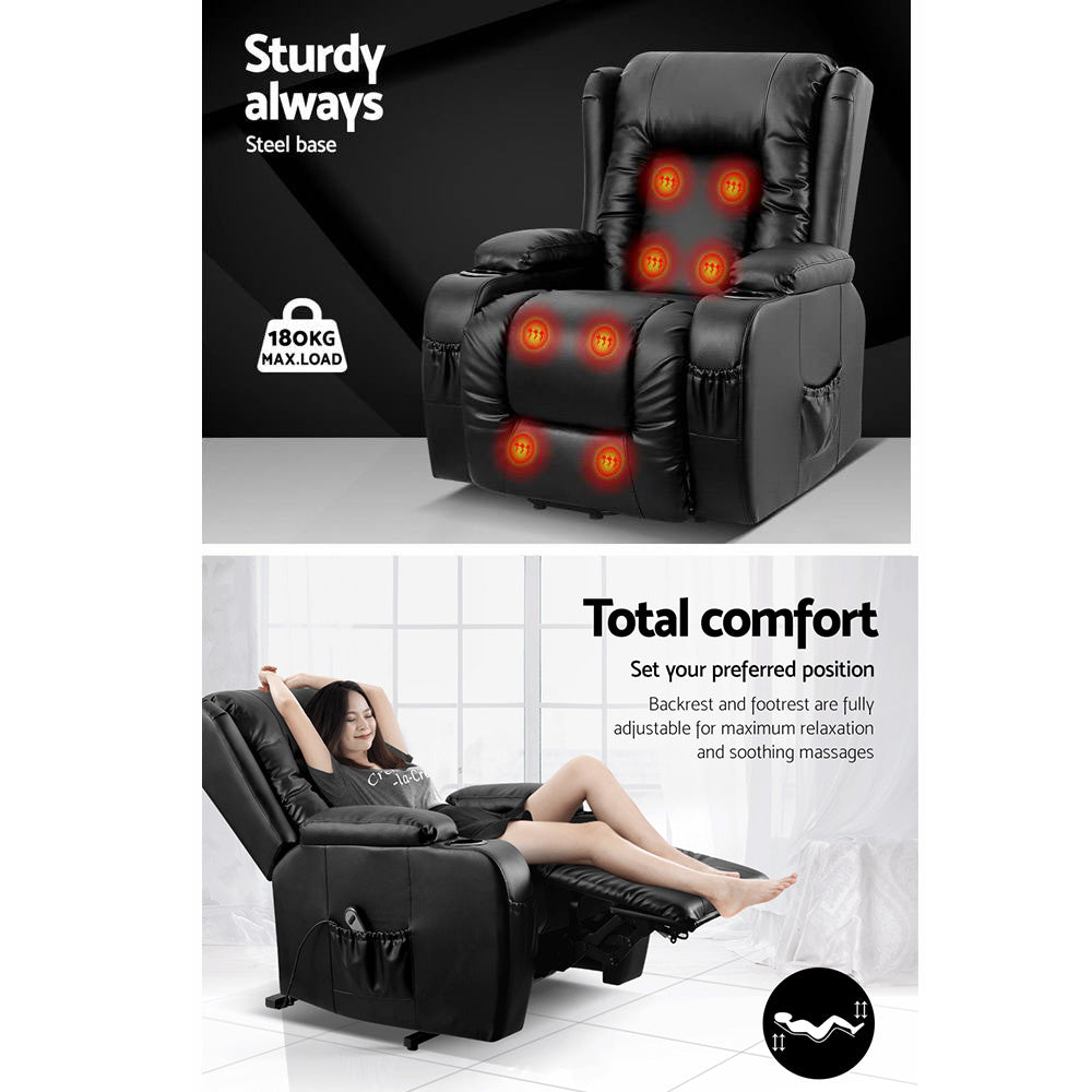Artiss Heated Massage Recliner Chair – Lift Assist, 8-Point Massage & PU Leather Comfort (Black)