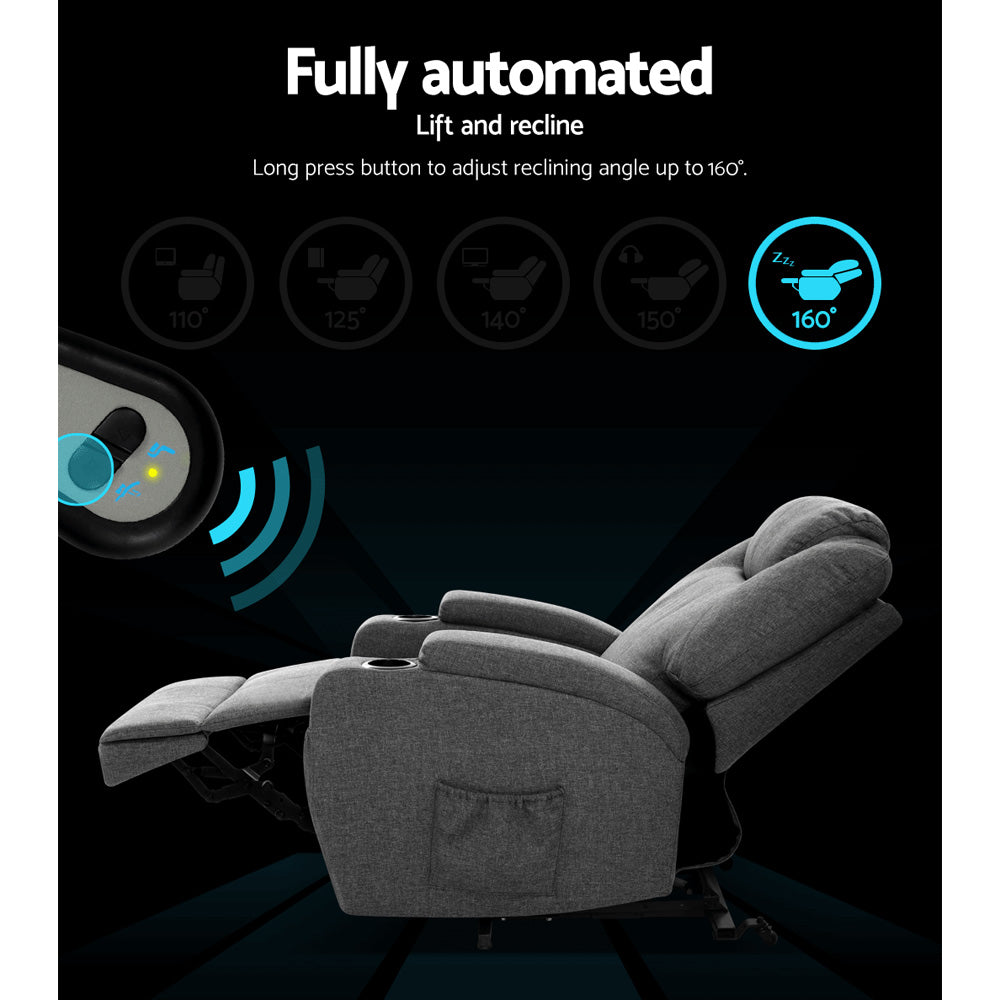 Artiss Heated Massage Recliner Chair – Lift Assist, 8-Point Massage & Velvet Comfort (Grey)