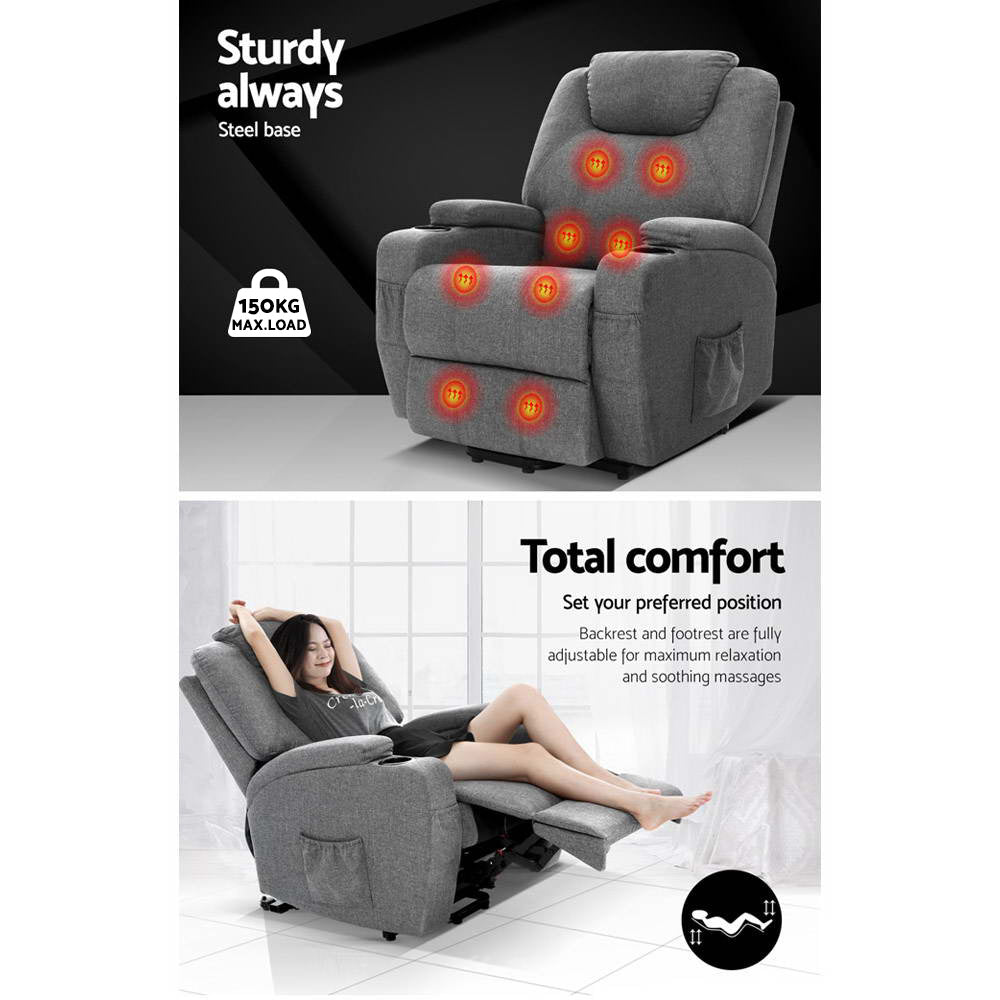 Artiss Heated Massage Recliner Chair – Lift Assist, 8-Point Massage & Velvet Comfort (Grey)