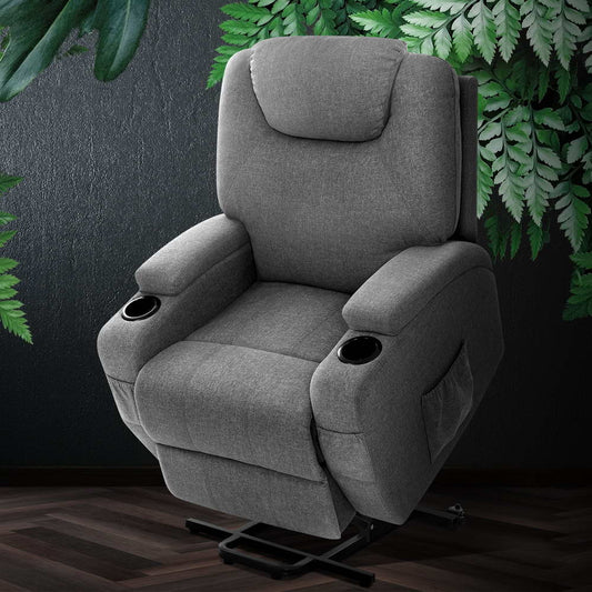 Artiss Heated Massage Recliner Chair – Lift Assist, 8-Point Massage & Velvet Comfort (Grey)