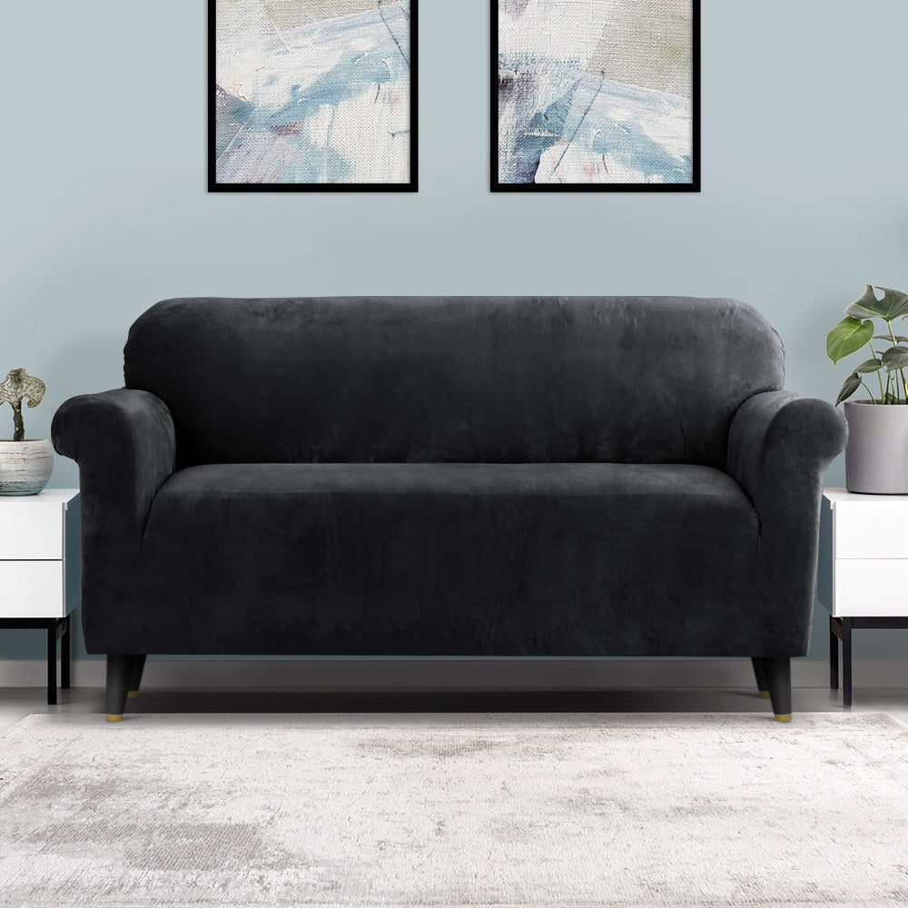 Artiss Velvet Sofa Cover – 3-Seater Stretch Couch Protector (Black)