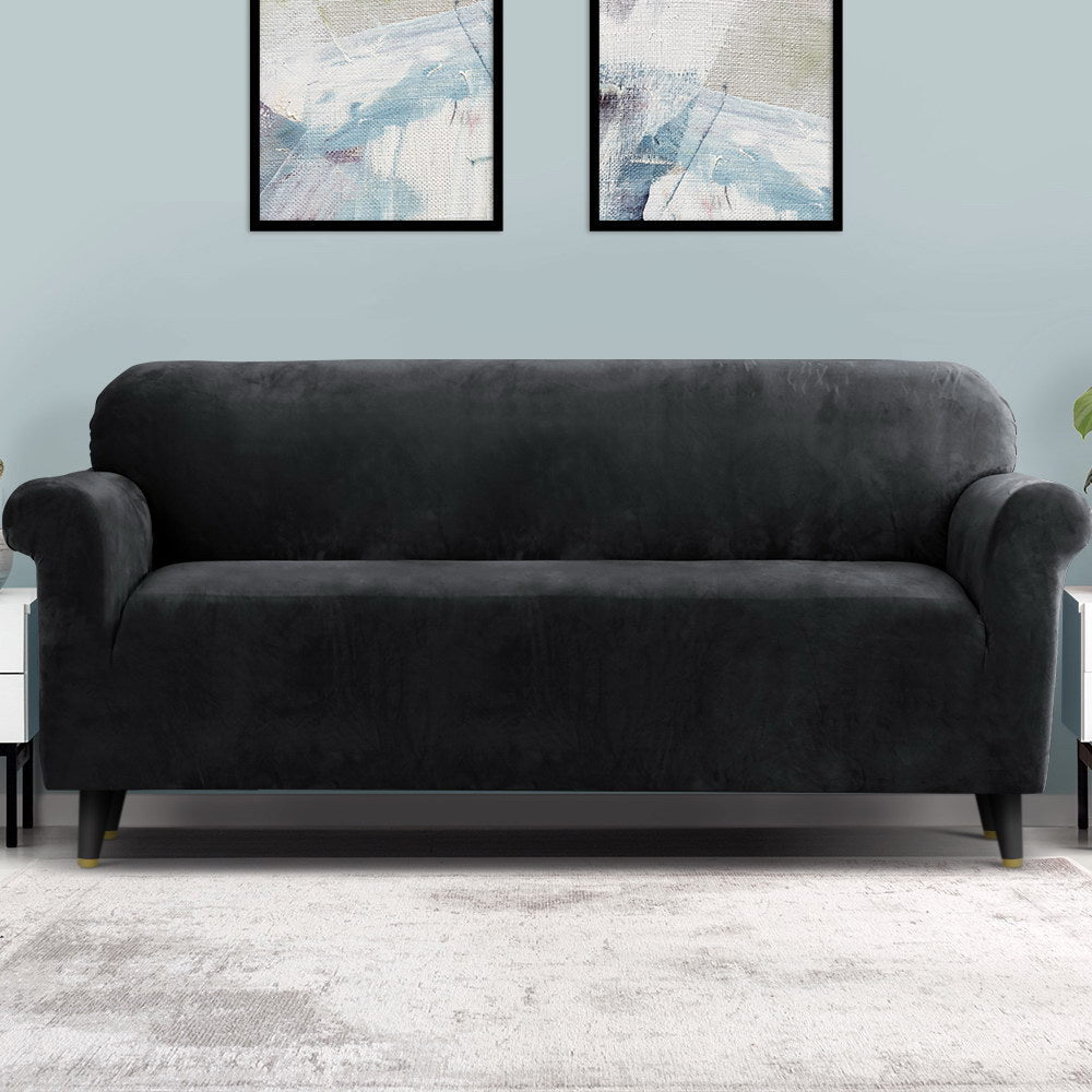 Artiss Velvet Sofa Cover – 4-Seater Stretch Couch Protector (Black)