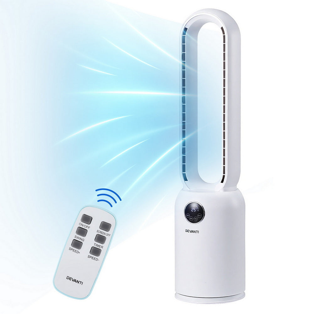Devanti 2-in-1 Bladeless Tower Fan with Air Purification & Remote – 88cm (White)