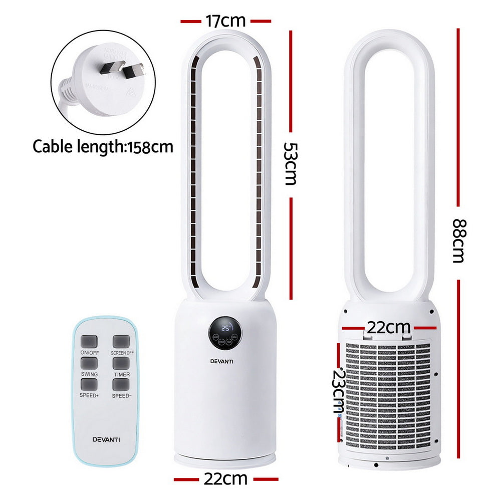 Devanti 2-in-1 Bladeless Tower Fan with Air Purification & Remote – 88cm (White)