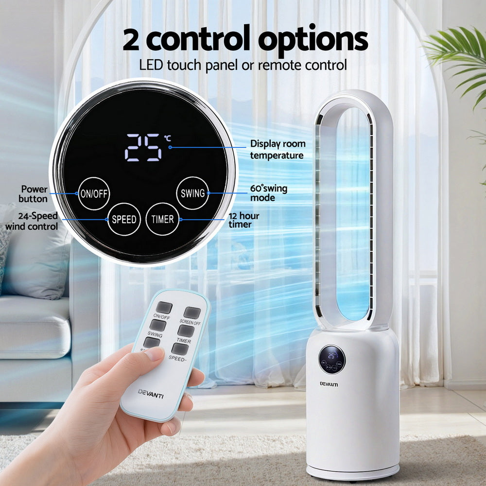 Devanti 2-in-1 Bladeless Tower Fan with Air Purification & Remote – 88cm (White)